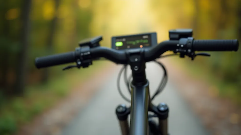 Detalizēts tuvplāns no e-velosipēda sēdekļa, stūrēm un displeja panela ar baterijai indikatoru