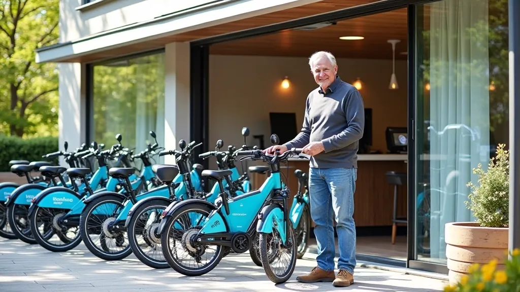 Nomas punkts Siguldā ar vairākiem e-velosipēdiem rindā, professionāla rūpju atmosfēra