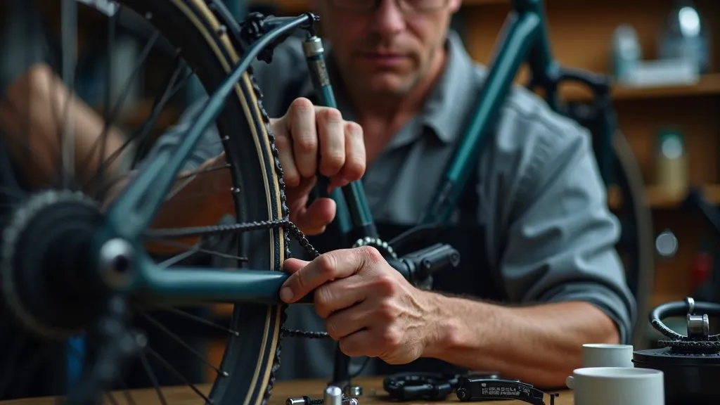 Cilvēks tīra e-velosipēda ķēdi un detaļas mājās, darbnīcas galda gaisma, detalizēts skats