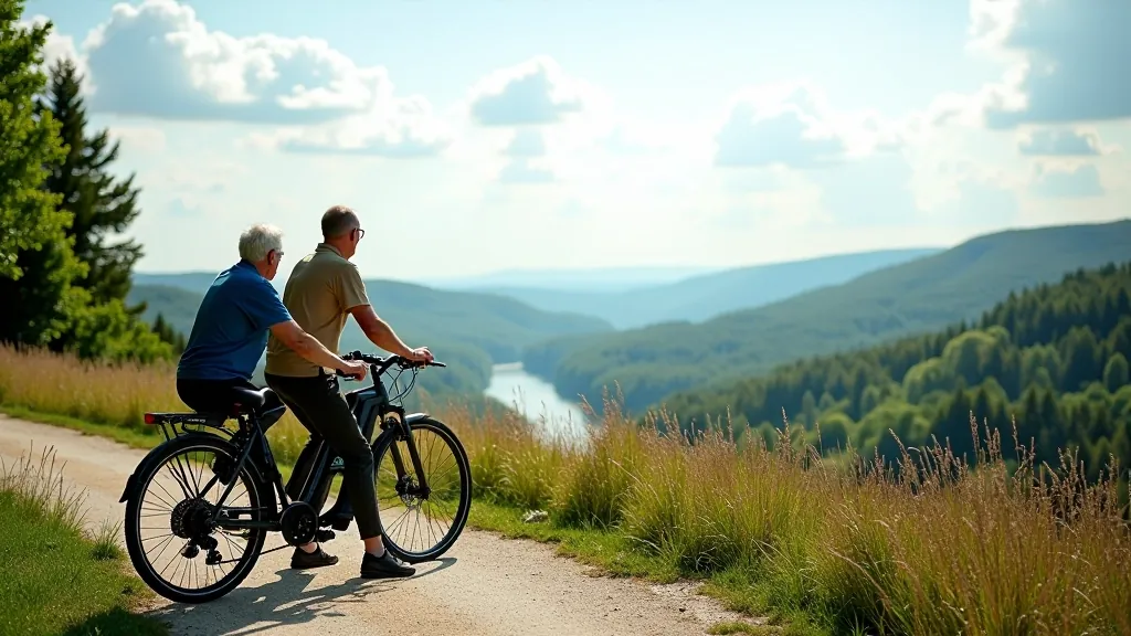 Panorāmas skats uz Gaujas ieleju no velomaršruta, vīri un sievietes uz e-velosipēdiem