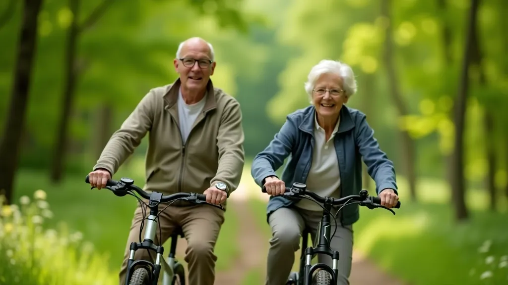Seniori brauciens uz e-velosipēdiem Latvijas zaļajā vidē, skaista dabas ainava ar kokiem un purvu