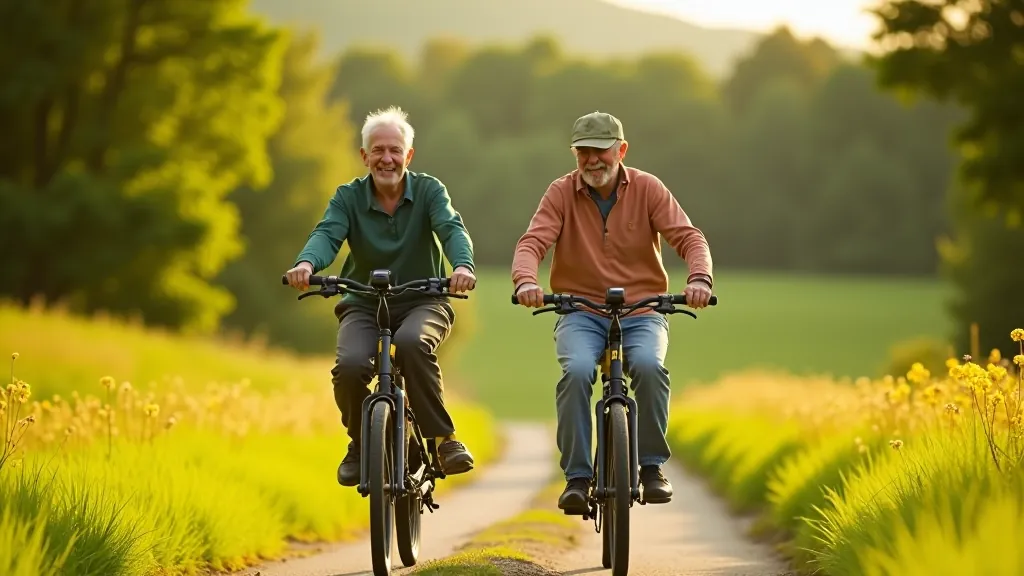 Seniora pāris brauciens uz e-velosipēdiem Gaujas ielejas zaļās ainavas vidū