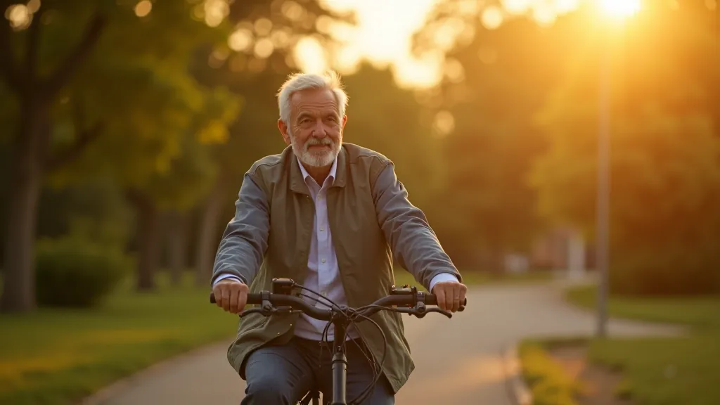Seniora vīrs smaida, sēžot uz modernā e-velosipēda pilsētas vidē, saules gaisma, augstā perspektīva